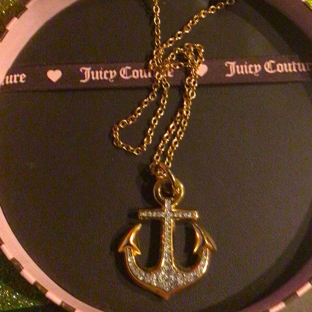 Y2K Juicy Couture Gold Anchor Pendant Necklace with Pave Crystals.